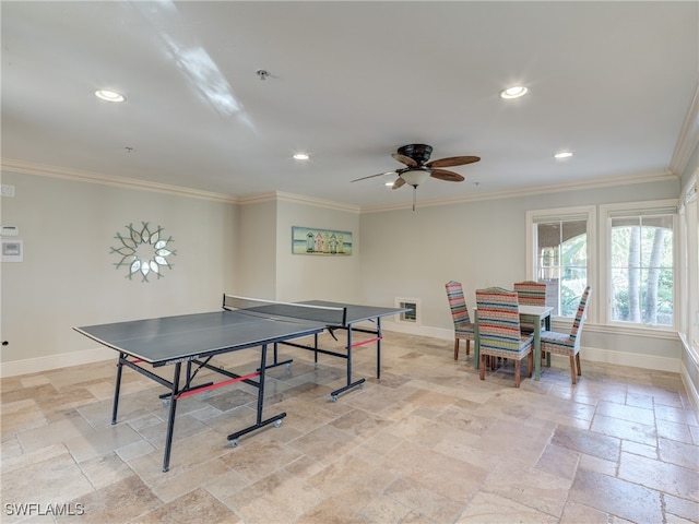 rec room featuring crown molding and ceiling fan