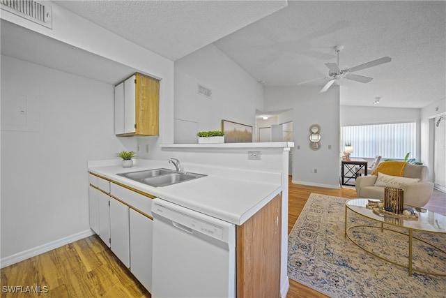 kitchen featuring light hardwood / wood-style floors, vaulted ceiling, sink, dishwasher, and a textured ceiling