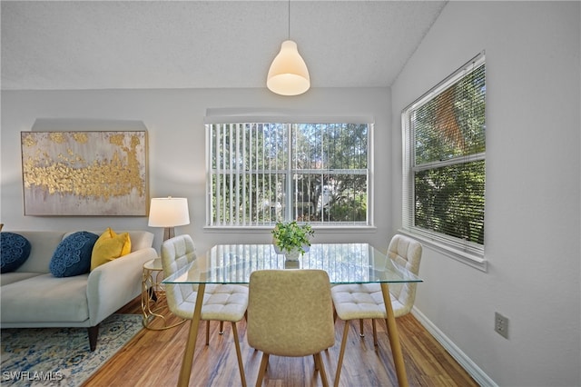 dining room featuring hardwood / wood-style flooring and a textured ceiling