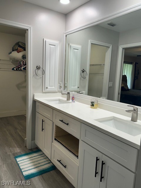 bathroom with vanity and hardwood / wood-style flooring