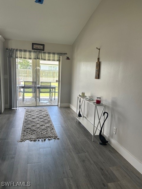 entryway with vaulted ceiling and dark hardwood / wood-style flooring