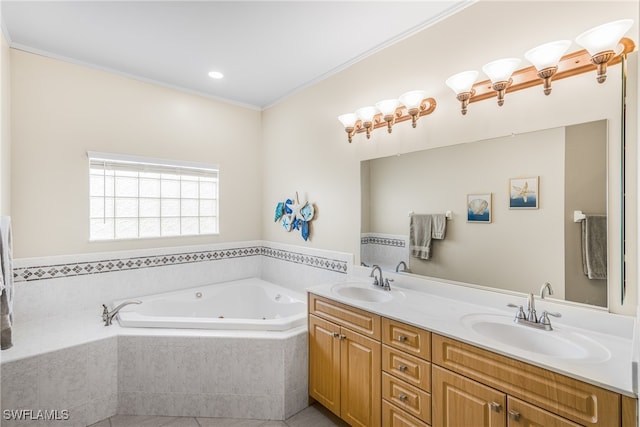 bathroom with tiled bath, ornamental molding, and vanity