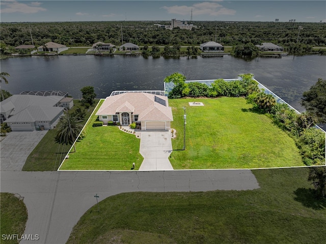 aerial view featuring a water view