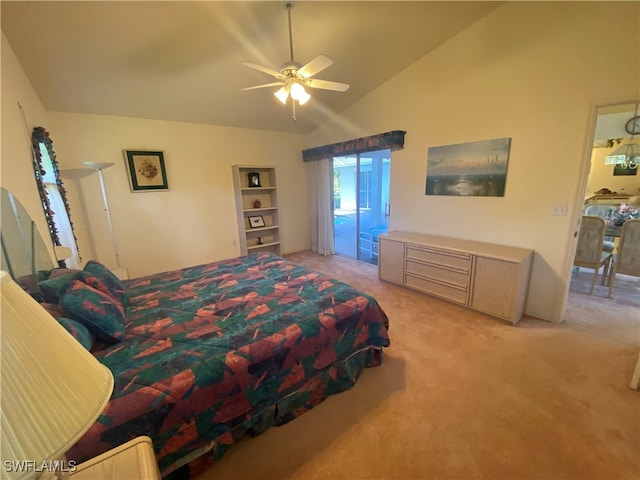 bedroom with light carpet, vaulted ceiling, ceiling fan, and access to exterior