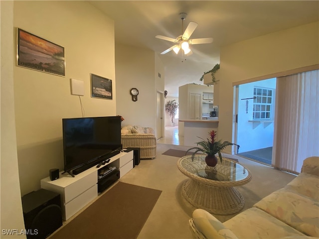 living room featuring ceiling fan and light carpet