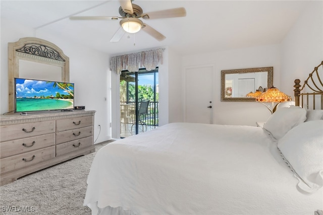 bedroom featuring ceiling fan, access to exterior, and light colored carpet