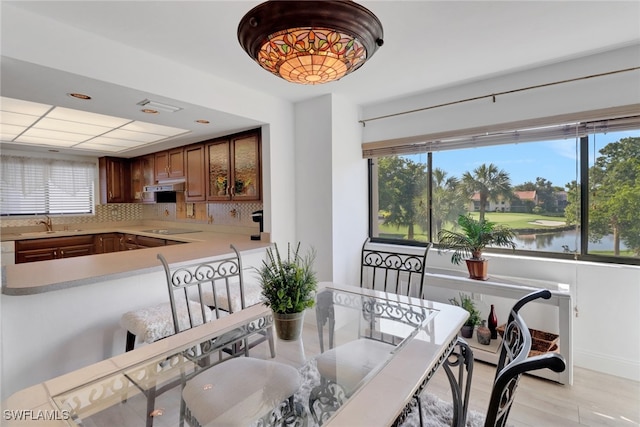 dining space featuring a wealth of natural light and a water view