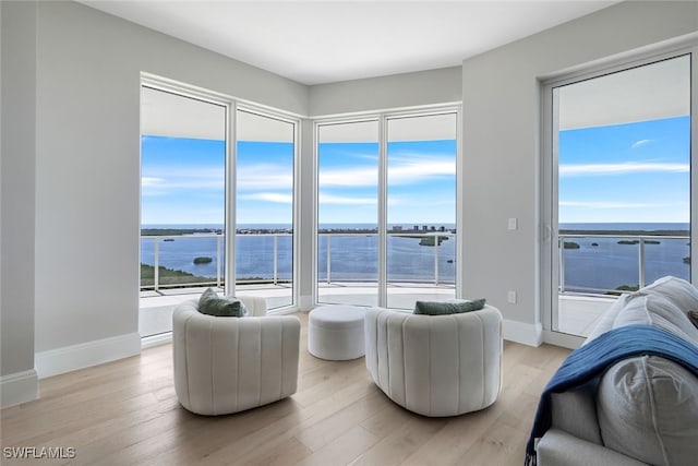 living room featuring a healthy amount of sunlight, a water view, and light hardwood / wood-style flooring