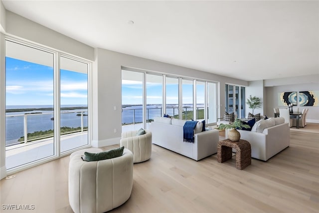 living room with a water view and light hardwood / wood-style floors