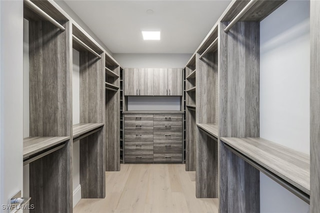 walk in closet with light hardwood / wood-style flooring