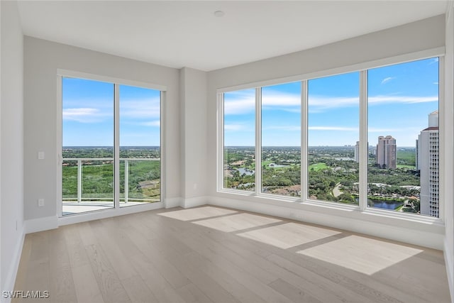 spare room with a water view, light hardwood / wood-style floors, and a healthy amount of sunlight