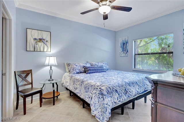 bedroom with ceiling fan, light tile patterned floors, and ornamental molding