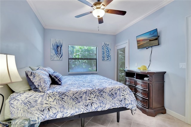 tiled bedroom featuring ceiling fan and crown molding