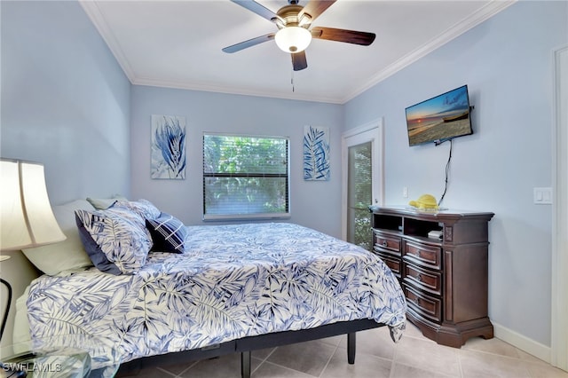 3323 Olympic Dr Unit 715, Naples, FL 34105 - bedroom featuring crown molding, light tile patterned floors, baseboards, and ceiling fan