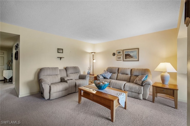 carpeted living room with a textured ceiling