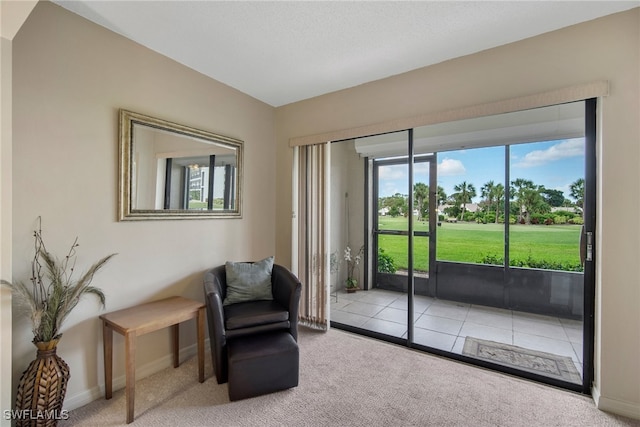 living area featuring light carpet