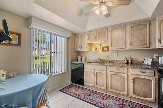 kitchen featuring dishwasher, light brown cabinetry, light tile patterned flooring, and sink