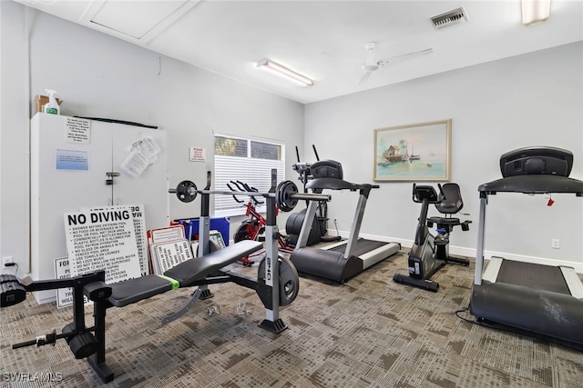 workout room featuring carpet flooring and ceiling fan