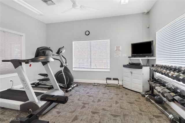 exercise area featuring ceiling fan