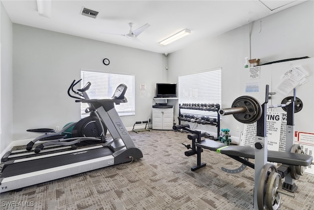 workout area with carpet flooring and ceiling fan