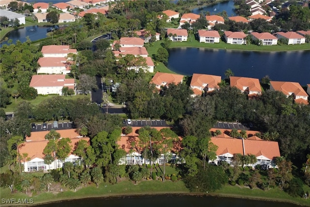 drone / aerial view featuring a water view