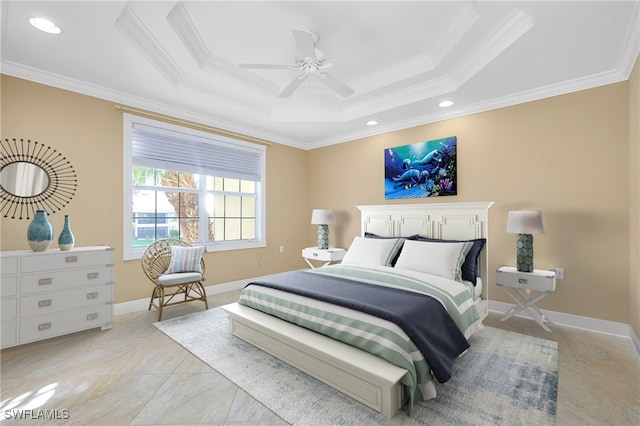 bedroom featuring ornamental molding, ceiling fan, and a raised ceiling