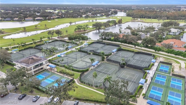 bird's eye view with a water view