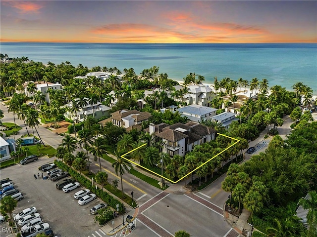 aerial view at dusk with a water view