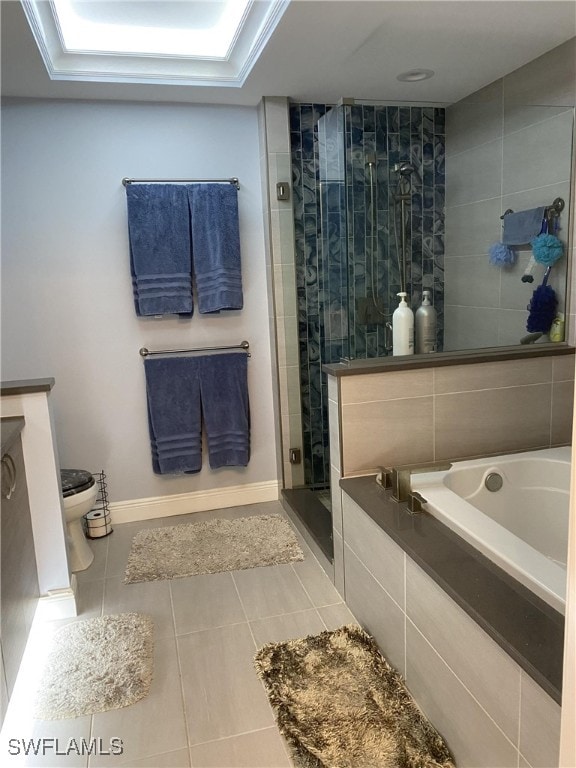 bathroom with toilet, independent shower and bath, and tile patterned flooring