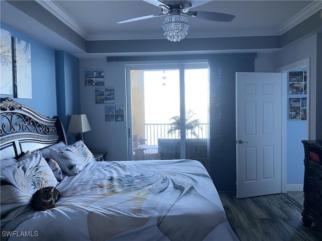 bedroom with ornamental molding, wood-type flooring, and ceiling fan