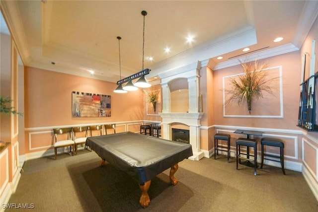 playroom with crown molding, pool table, a fireplace, and dark carpet