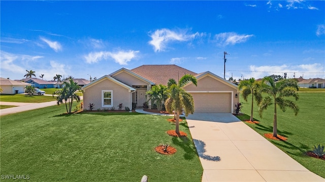 ranch-style home featuring a garage and a front lawn