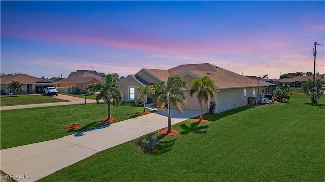 ranch-style home with a yard