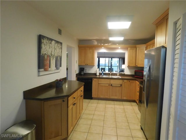 kitchen featuring stainless steel fridge with ice dispenser, light tile patterned floors, sink, and black dishwasher