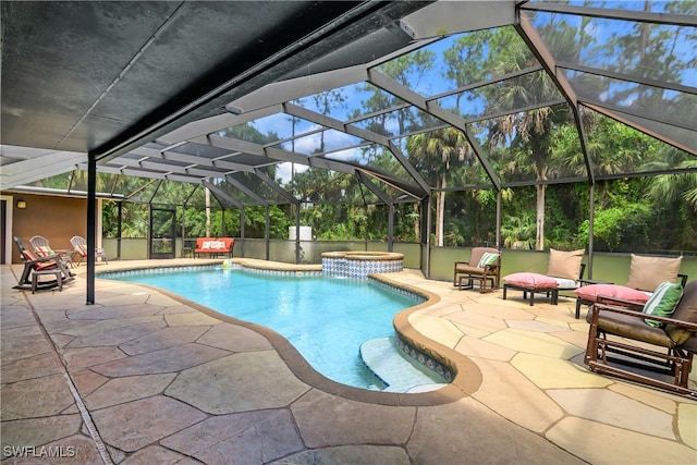 view of swimming pool featuring a patio, glass enclosure, and an in ground hot tub