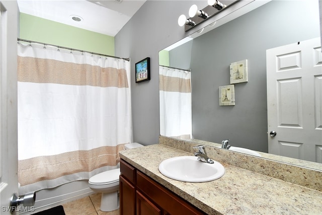 full bathroom with shower / tub combo, tile patterned flooring, vanity, and toilet