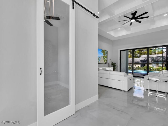 bathroom with beam ceiling, coffered ceiling, and ceiling fan