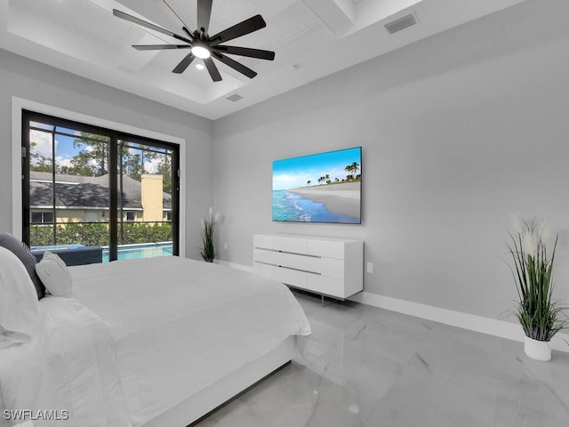 bedroom featuring access to exterior and ceiling fan