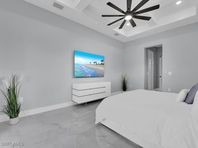 bedroom with beamed ceiling, coffered ceiling, and ceiling fan