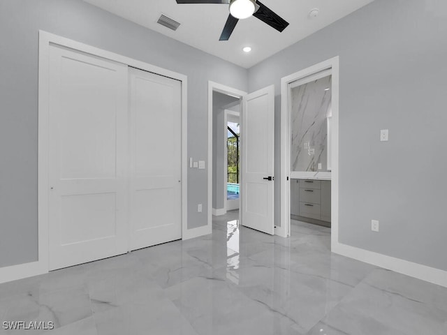 unfurnished bedroom with a closet and ceiling fan