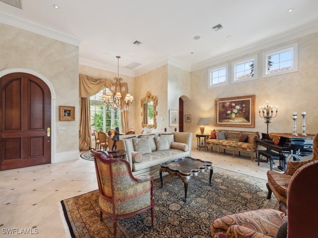 tiled living room with crown molding and an inviting chandelier