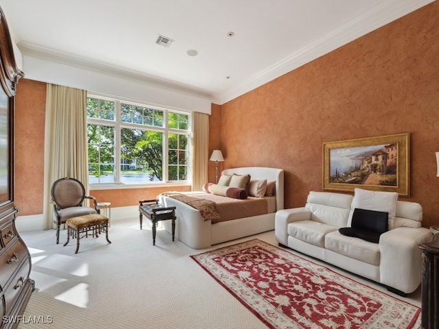 carpeted living room featuring crown molding