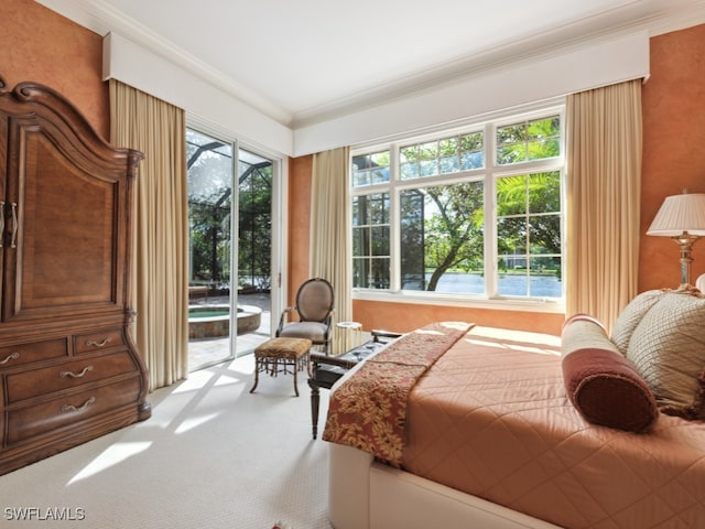 bedroom featuring carpet, ornamental molding, access to outside, and multiple windows