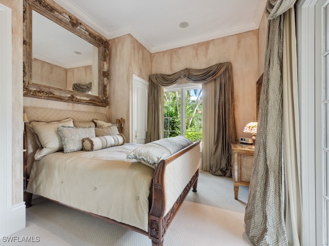 bedroom featuring carpet and crown molding