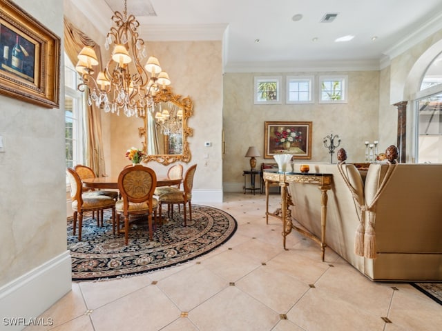 dining space with crown molding, a wealth of natural light, and an inviting chandelier