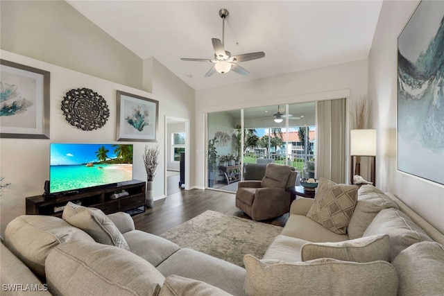 living room with lofted ceiling, wood-type flooring, and ceiling fan