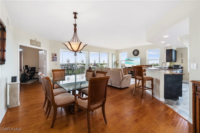 dining space with sink and hardwood / wood-style flooring