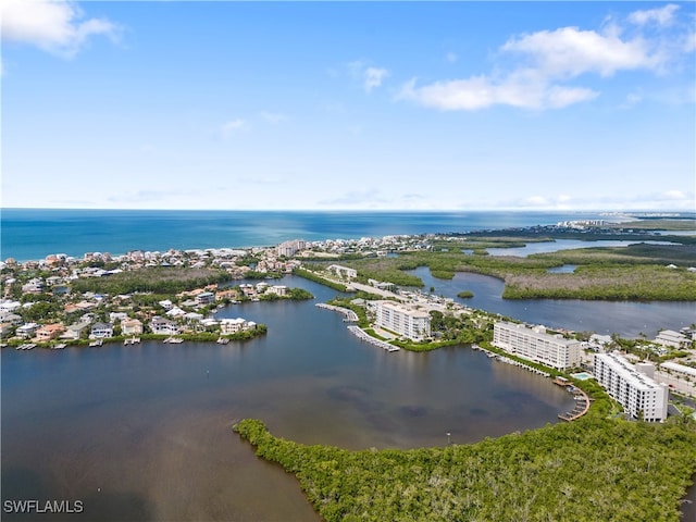 aerial view featuring a water view