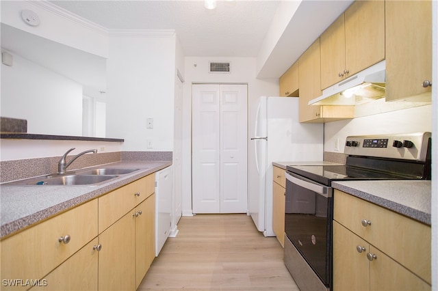 kitchen with light brown cabinets, sink, dishwasher, stainless steel electric stove, and light hardwood / wood-style floors