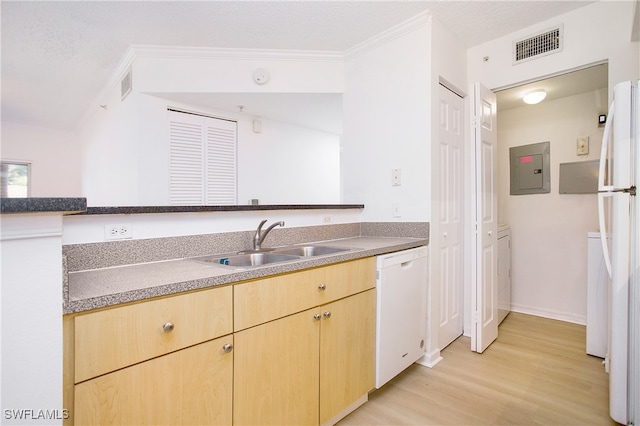 kitchen featuring electric panel, sink, white appliances, a textured ceiling, and light hardwood / wood-style flooring